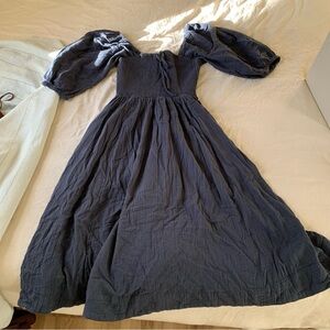 Smocked Puff-Sleeve Maxi Dress - Navy 100% cotton Quince